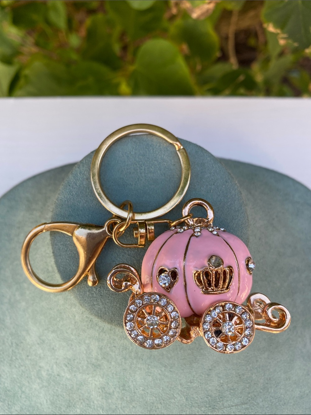 Gold-Tone Pink Pumpkin Carriage Keychain Charm